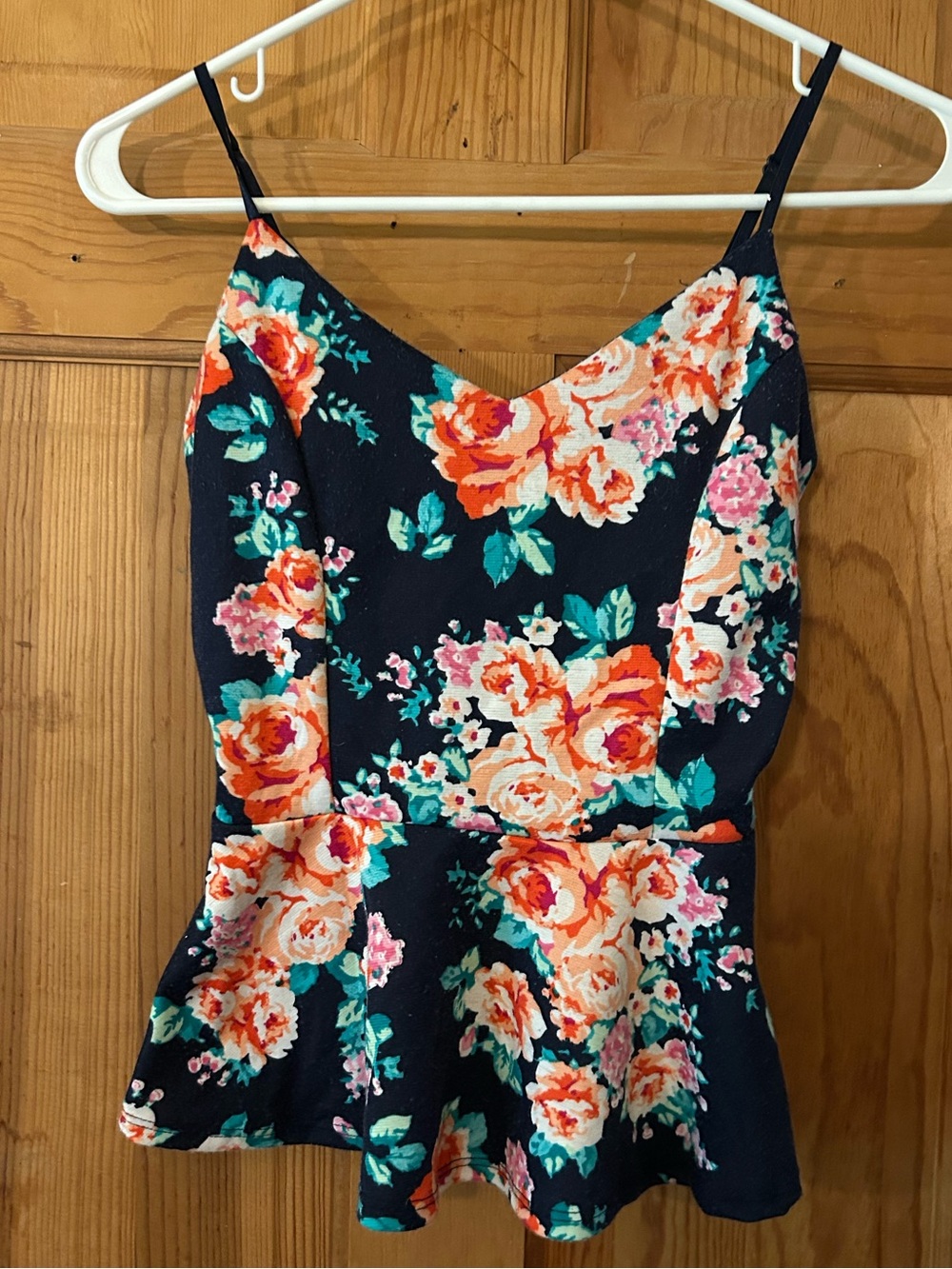 Charlotte Russe Navy Floral Peplum Cami with Coral & Teal Blooms
